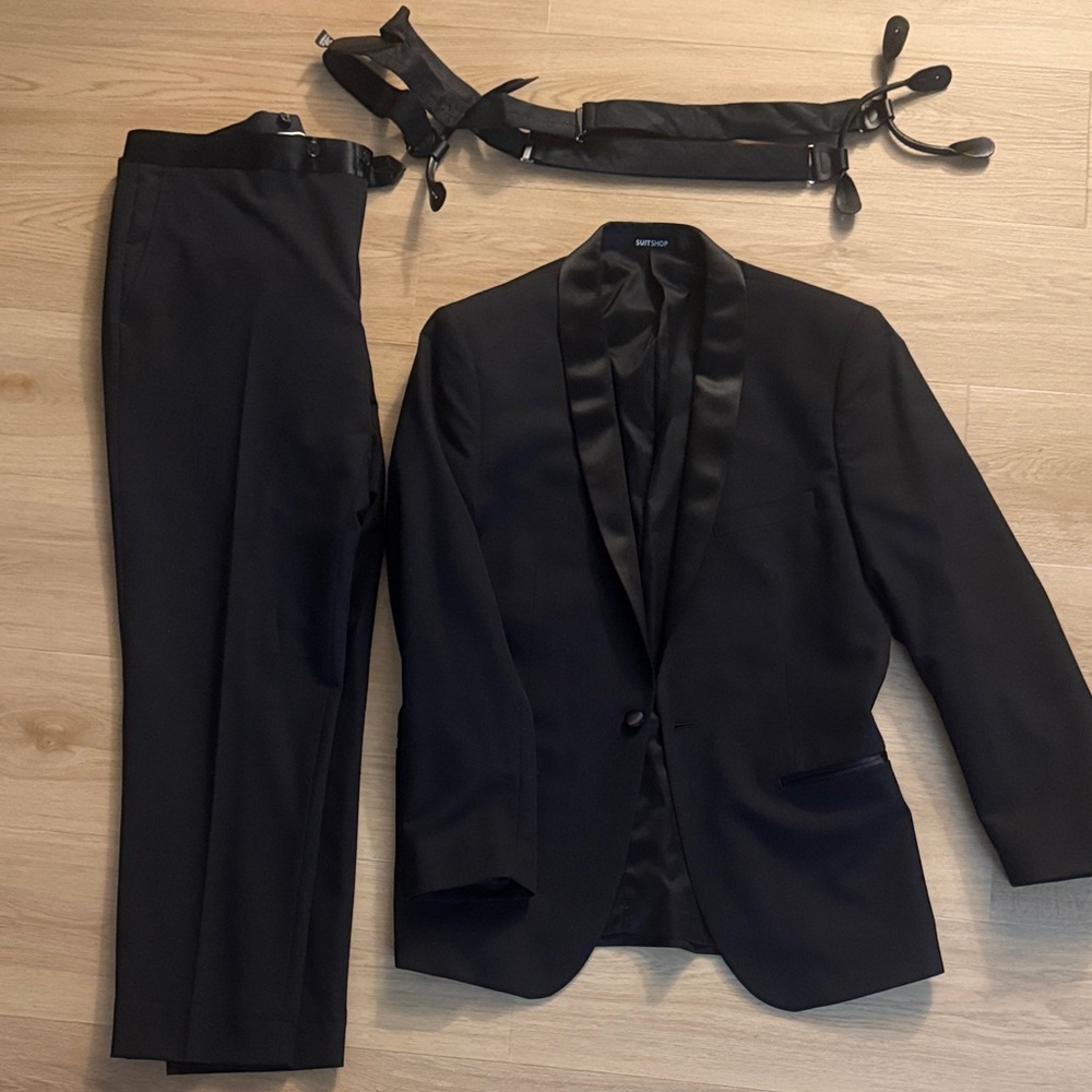 Classic Black Satin-Trim Tuxedo Jacket with Pants and Suspenders